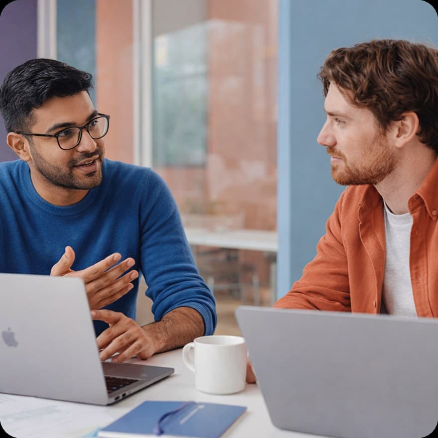 Two Working Group partners talking through a plan over laptops